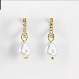 18KT GOLD/925 STERLING SILVER CRYSTAL DIAMOND CZ DANGLE PEARL HUGGIE HOOPS☆NEW